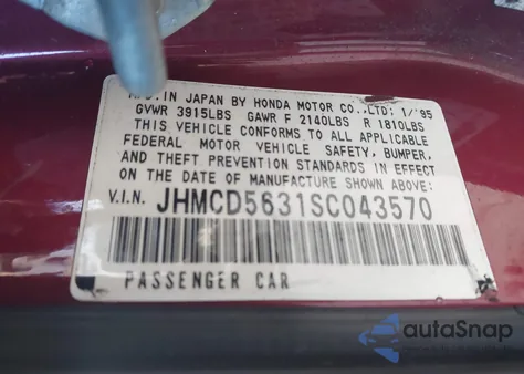 1995 Honda Accord Lx z USA, uszkodzony, nr VIN JHMCD5631SC043570